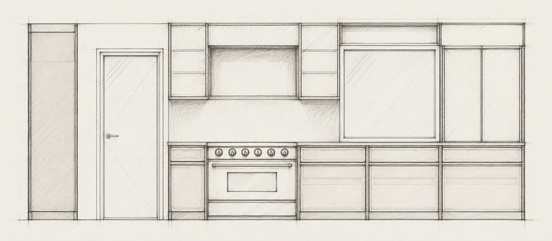 Graphite schets van de kookwand met hoge kasten, fornuis en raam in House BV