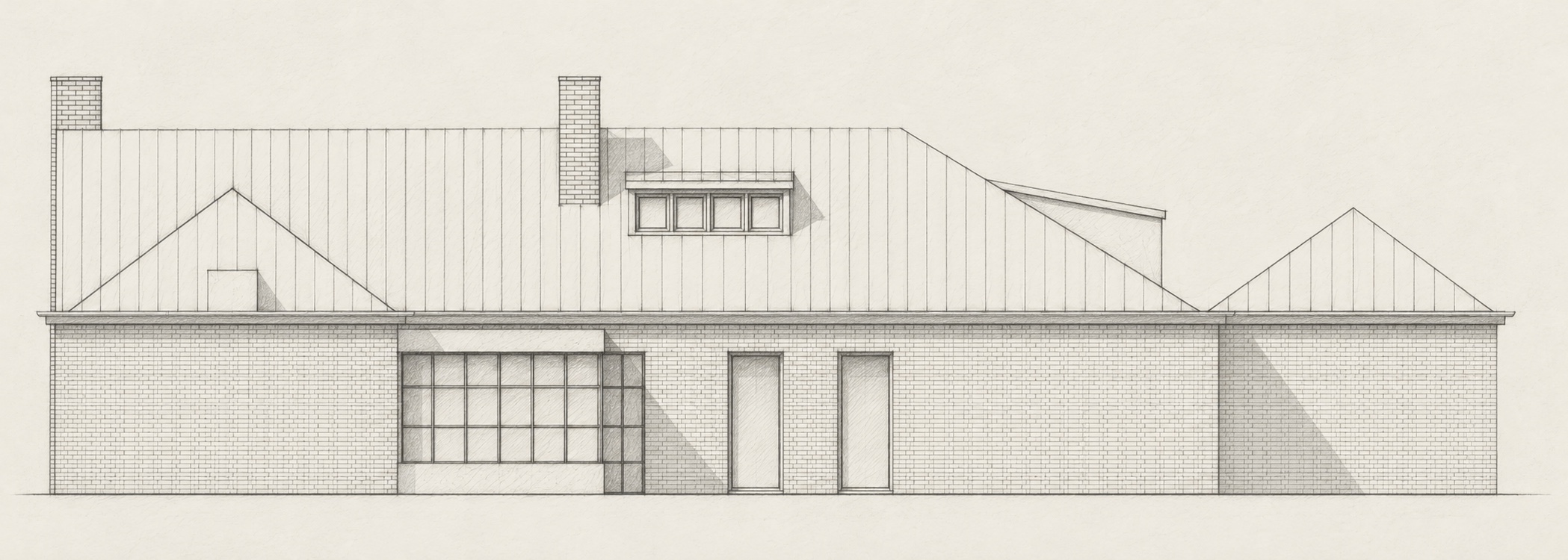 Schetsstudie van de noordgevel van House C met de orangerie