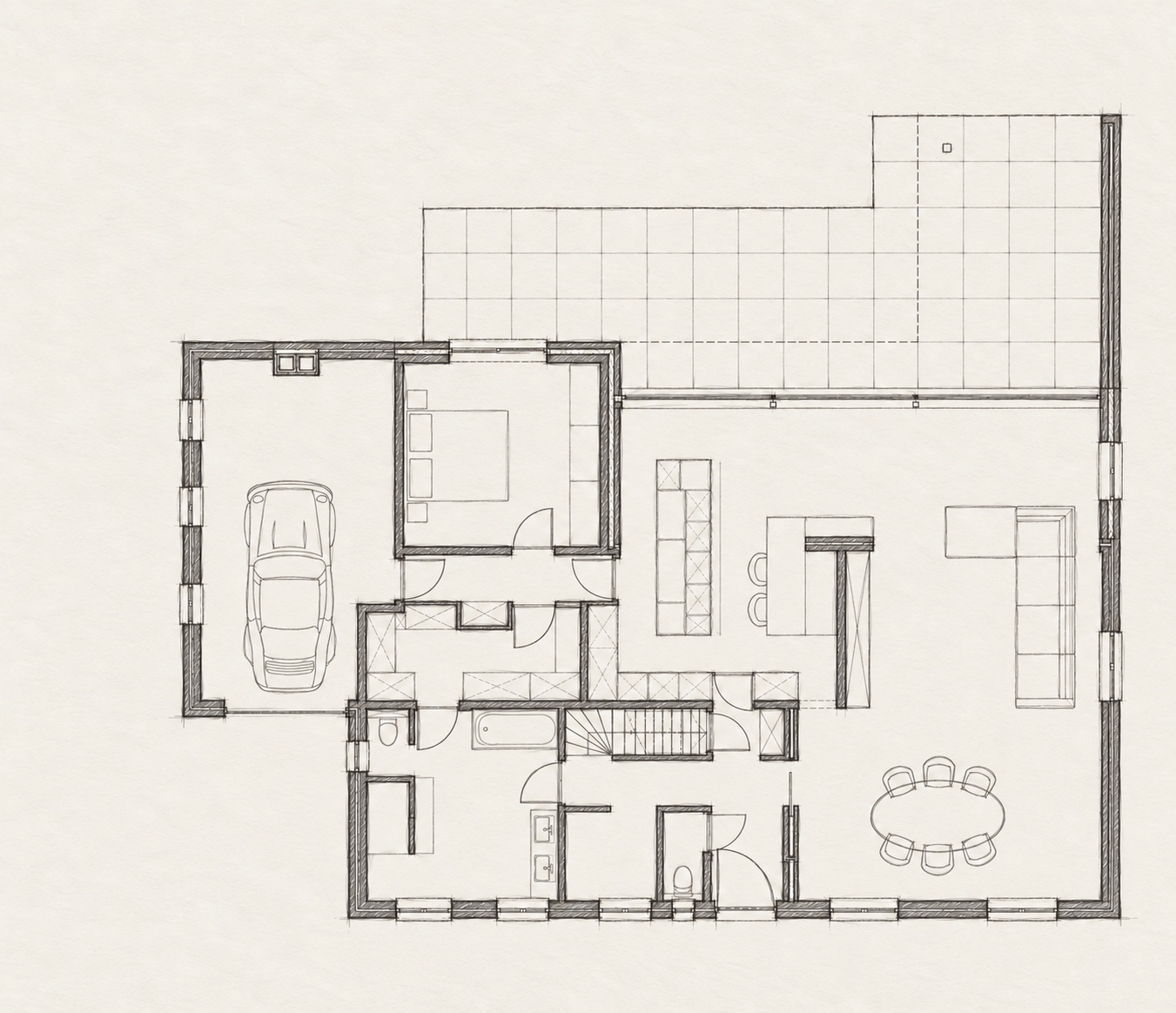 Schetsstudie van het ontworpen grondplan van House D met de nieuwe leefruimte en buitenkamer