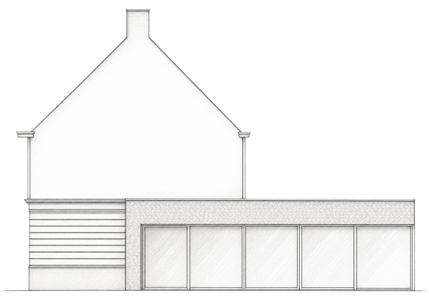 Graphite schetsstudie van de zuidgevel van House DC, met het bestaande hoofdvolume en de glazen tuinuitbreiding