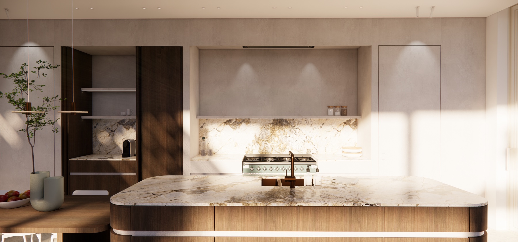 Interieurontwerp van House DC met een gebogen natuurstenen keukeneiland en donker houten maatwerk