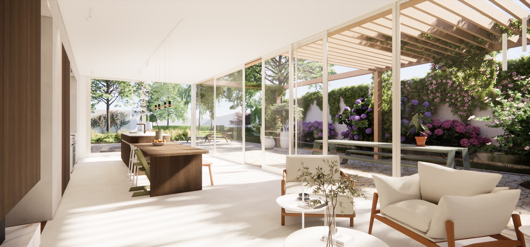 Ontwerpbeeld van de leefruimte van House DC met doorlopende beglazing naar de tuin