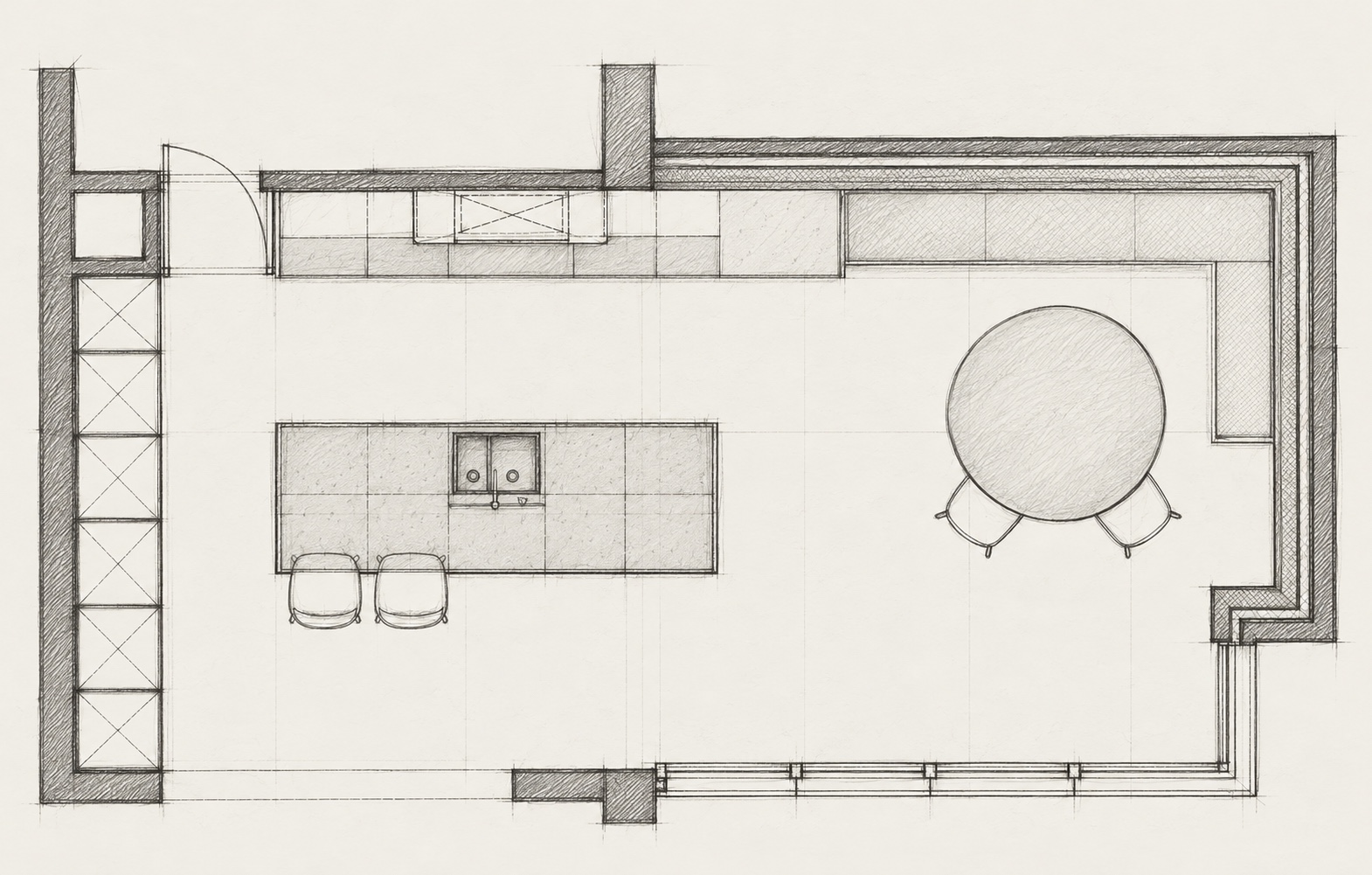 Grafietschets van het keukenplan met eiland en hoekbank in House DP