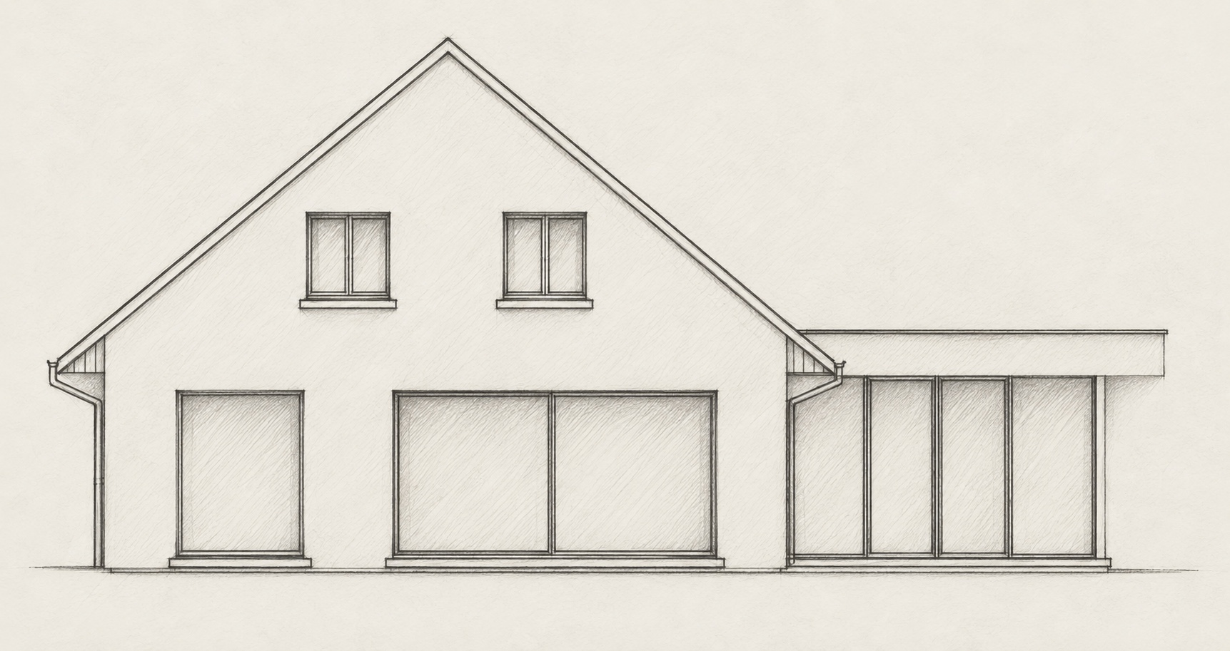 Graphite schets van de westgevel van House DP