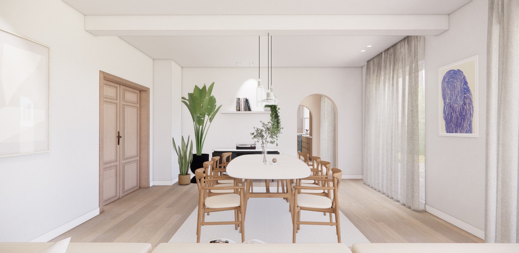 Ontwerpvisualisatie van een lichte eetruimte met zichtlijn door een boogopening