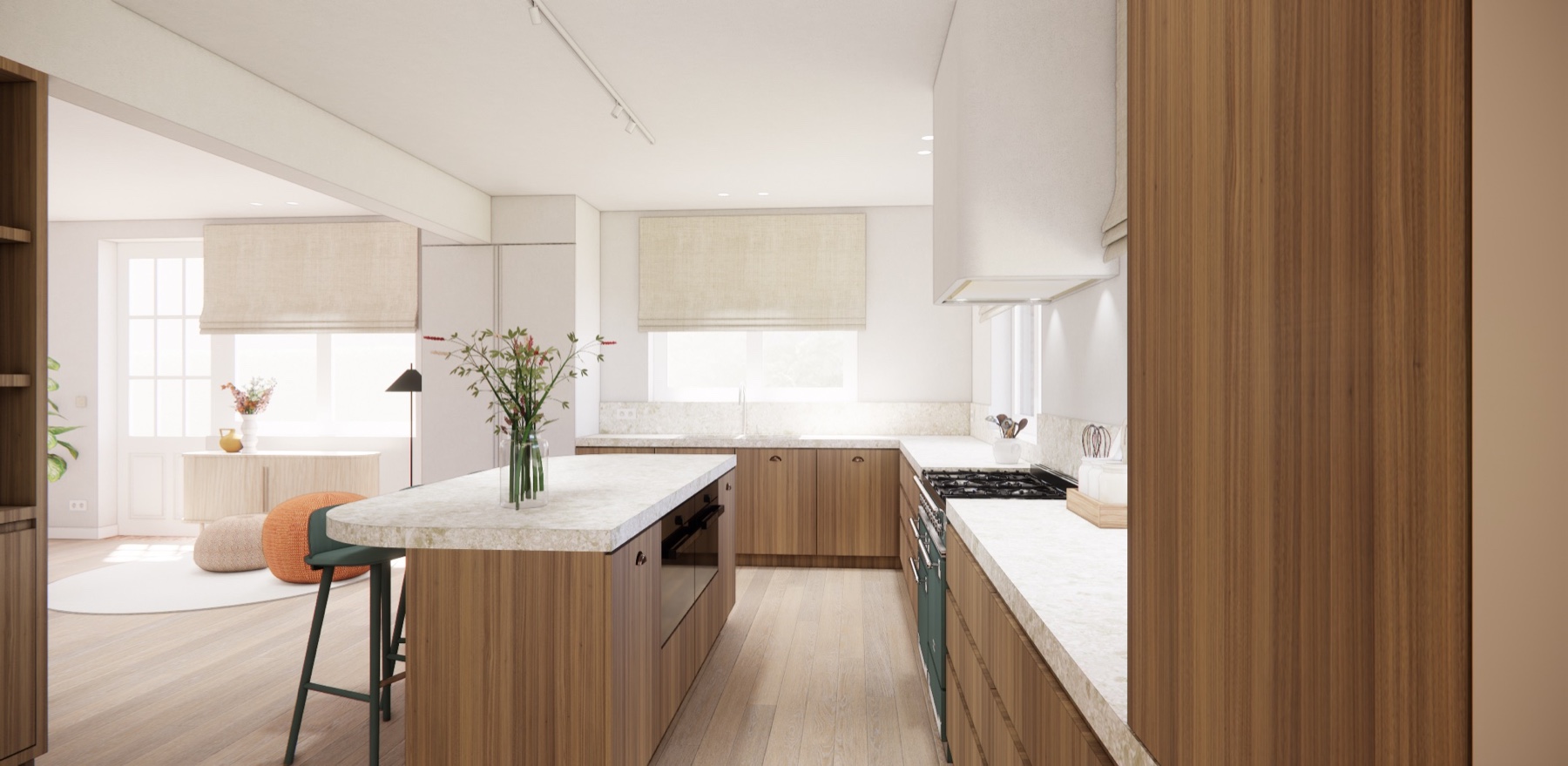 Ontwerpvisualisatie van een keuken met houten maatwerk, lichte natuursteen en ontbijthoek