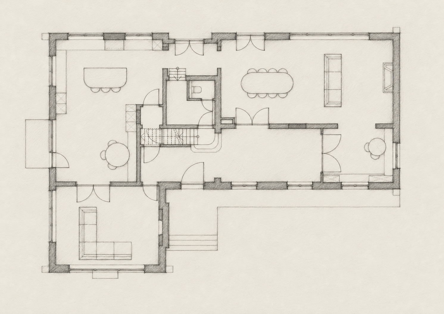 Graphite schetsstudie van het ontworpen gelijkvloerse grondplan van House H