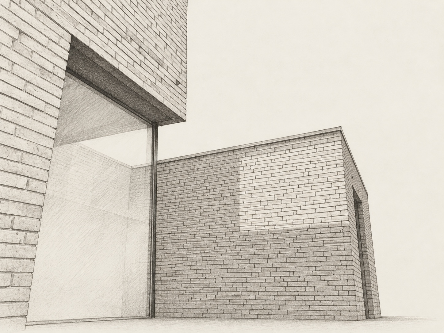 Graphite schets van House M naar de oorspronkelijke gevelfotografie