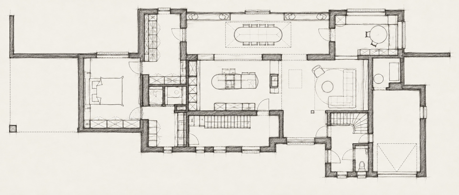 Graphite schetsstudie van het ontworpen grondplan van House RV met de gebogen keuken en nieuwe indeling
