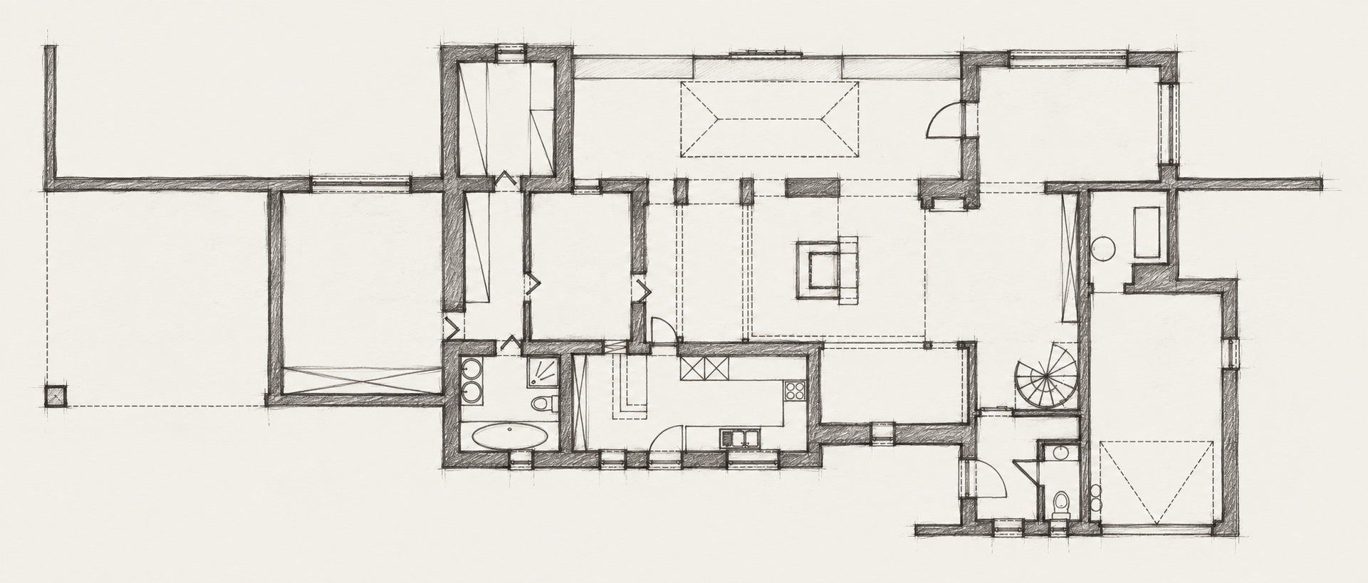 Graphite schetsstudie van het bestaande grondplan van House RV