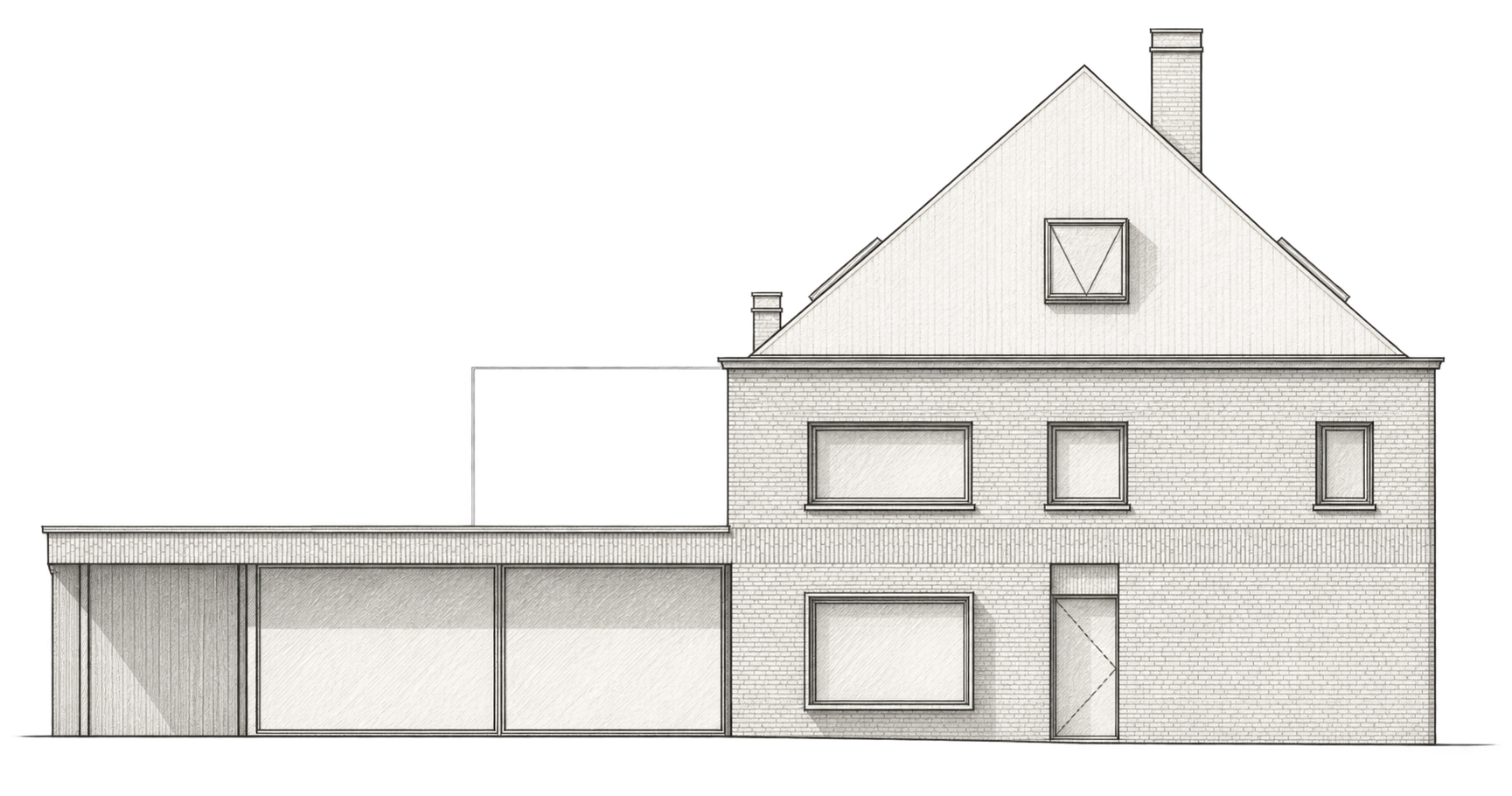 Schets van de noordwestgevel van House T naar de oorspronkelijke bouwaanvraag