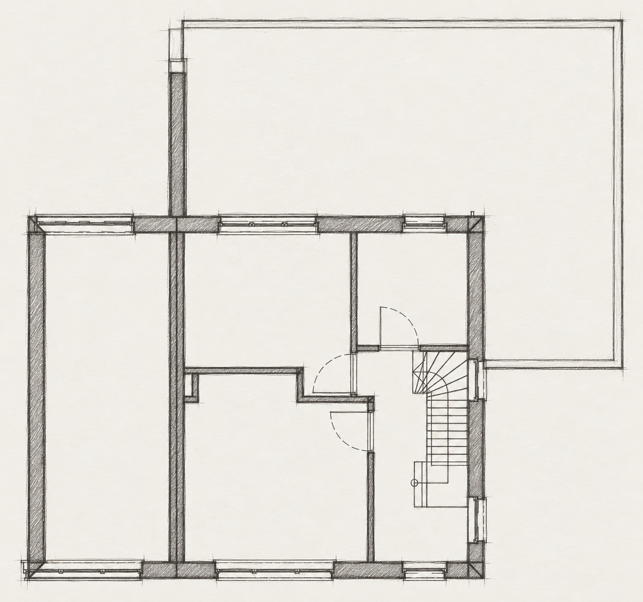 Graphite schetsstudie van de eerste verdieping van House VDK