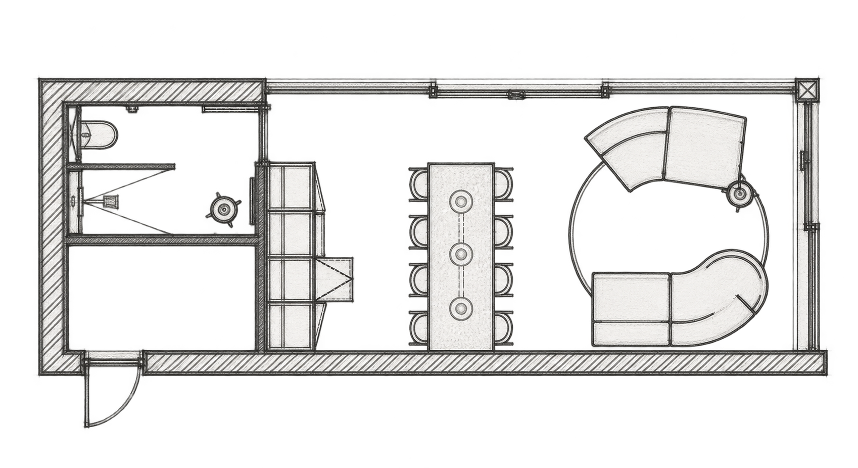 Grafietschets van het oorspronkelijke conceptgrondplan van Poolhouse V, met dienstruimtes links, een centrale bar en lounge rechts